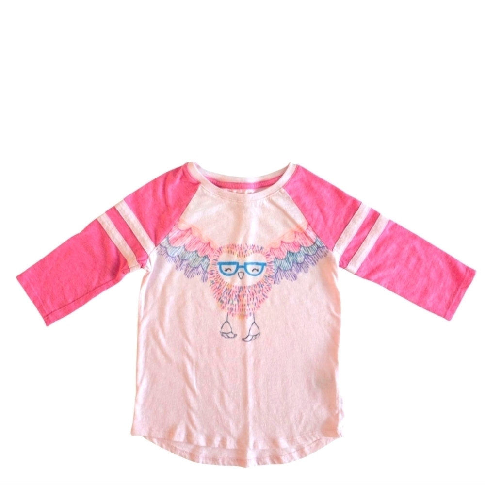 Cat & Jack Girls Pink and White Owl Graphic Raglan Tee Size 6